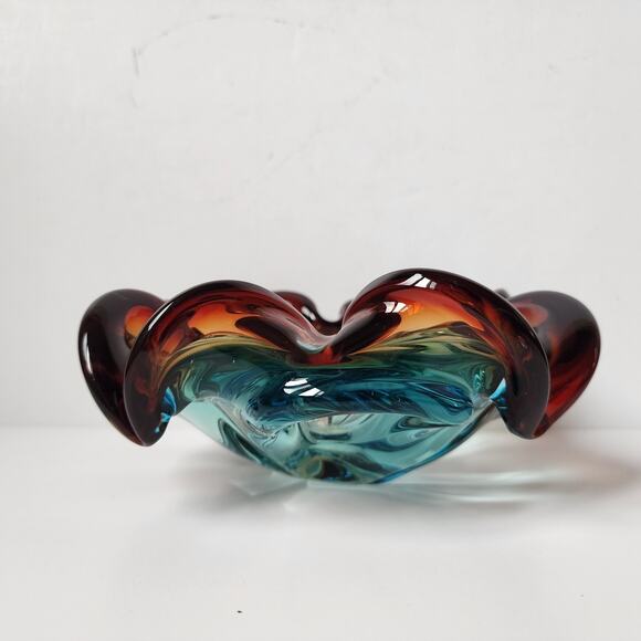 Vintage Murano Style Ashtray MCM Blown Glass Bowl Blue Red Dish Retro - Picture 2 of 8